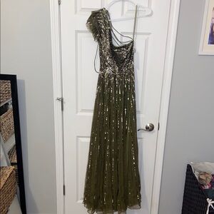 Mac Duggal Olive Sequin One-Shoulder Evening Gown